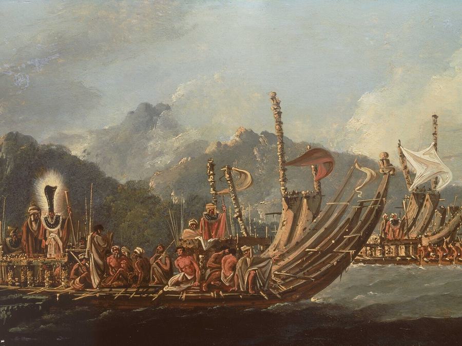 Tahitian double-hulled voyaging canoes under carved prows, crowded with crew, painted in oils.